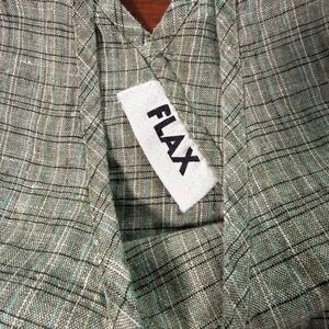 FLAX 100% Linen Size Med V-Neck Tank Top Green Grey Plaid Lagenlook Relaxed Fit